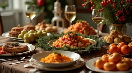 Festive holiday dinner table setting with assorted dishes, fruits, desserts, and two glasses of white wine, creating an inviting and celebratory atmosphere