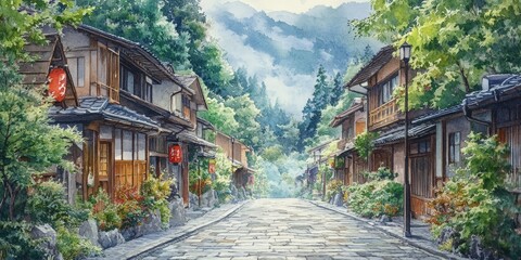 Fototapeta premium Serene bamboo forest path in traditional village setting