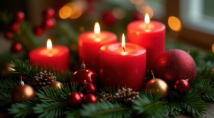 Red Christmas candles surrounded by festive greenery and berries for a warm holiday feel