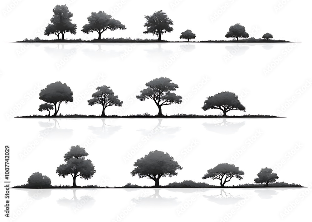 Poster Set of vector illustrations featuring a filled silhouette tree line with side view, ideal for architectural and landscape design drawings.