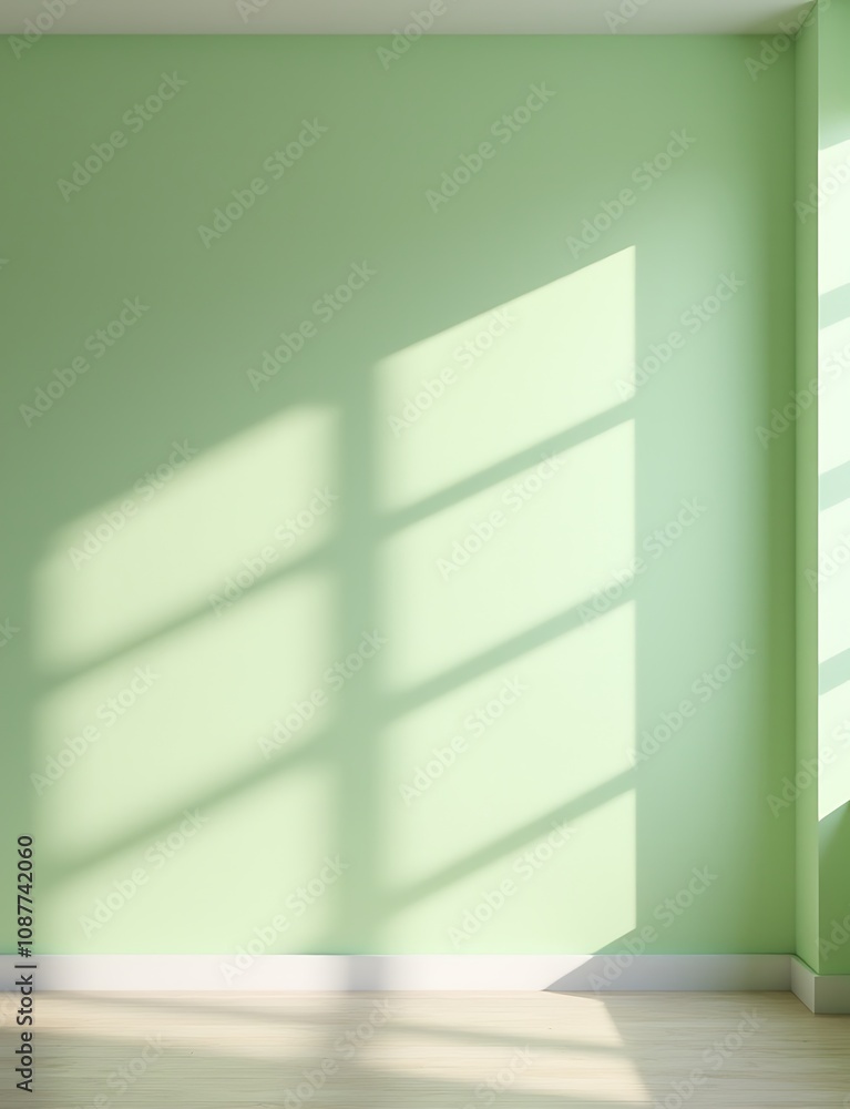 Poster shadows from window frames dance across a light green wall as natural sunlight fills an empty room w