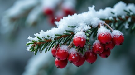 Snow-covered pine branches adorned with red berries in a tranquil winter forest