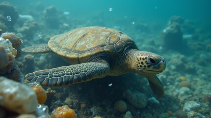 Fototapeta premium Sea Turtle Struggling to Swim with Flipper Trapped in Discarded Fishing Net.