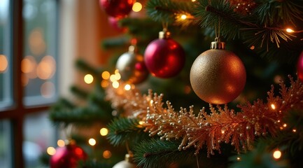 Festive Christmas tree adorned with shimmering baubles and twinkling lights, capturing a cozy holiday ambiance by the window