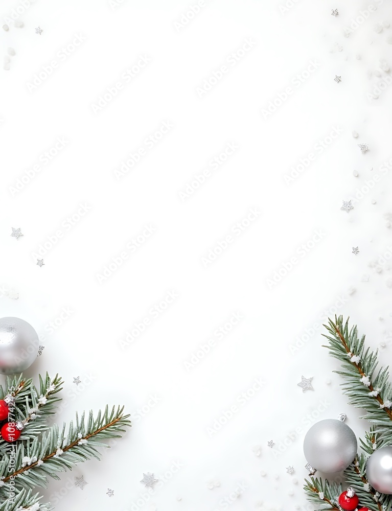 Aufkleber Snowy white background features fir branches, red berries, and silver ornaments, ideal for a horizontal banner or web header with copy space.