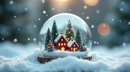 A snow globe featuring a miniature Christmas tree and cozy cabin, surrounded by snow and glowing lights