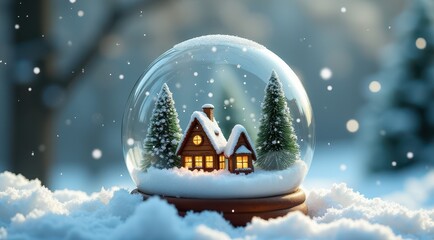 Naklejka premium A snow globe featuring a miniature Christmas tree and cozy cabin, surrounded by snow and glowing lights
