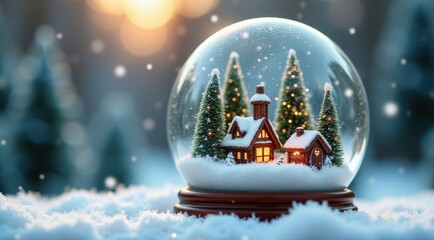 A snow globe featuring a miniature Christmas tree and cozy cabin, surrounded by snow and glowing lights