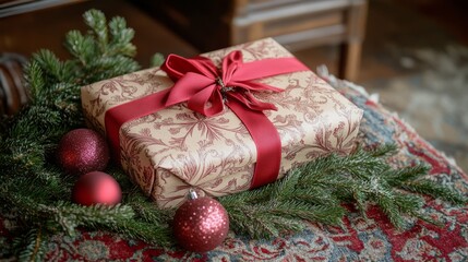 Beautifully Wrapped Christmas Gift with Red Ribbon and Decorations