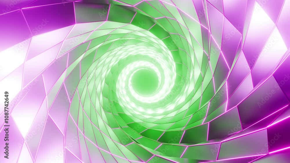Poster geometric pattern with neon lights tunnel with multicolored illumination, 3d loop background