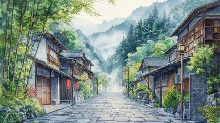 Serene bamboo forest path in traditional village setting