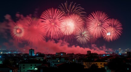 Vibrant red fireworks lighting up a night city skyline during new year celebrations