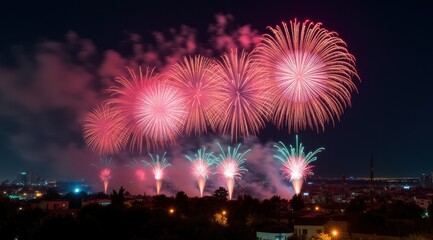 Vibrant red fireworks lighting up a night city skyline during new year celebrations