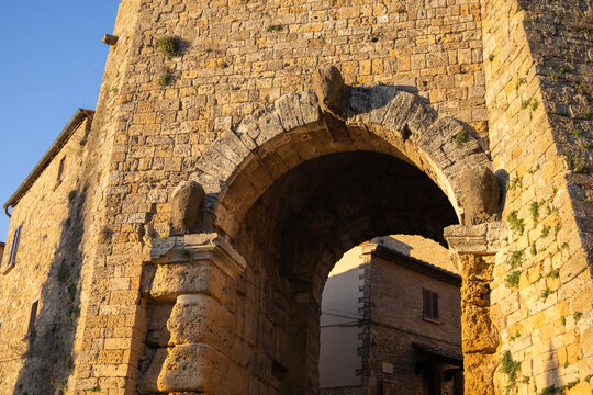 Porta all' Arco, one of city's gateways, is the most famous Etruscan architectural monument in Volterra, Italy
