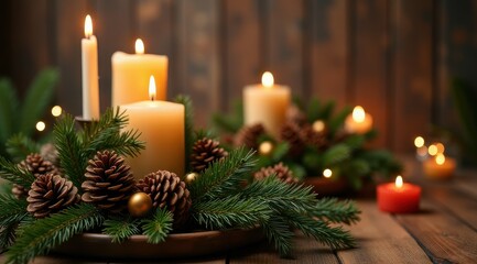 Red Christmas candles surrounded by festive greenery and berries for a warm holiday feel