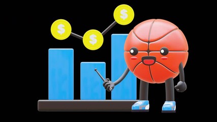 3D Basketball Character Pointing At Bar Chart Suitable For Business And Data Analysis Concepts. Transparent Background. Alpha Background. Looping Animation. - Powered by Adobe
