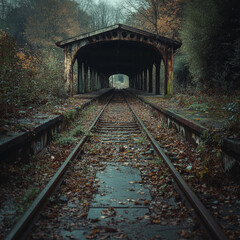 abandoned railway station enveloped by autumn foliage, featuring rusted metal structures, overgrown tracks, and a melancholic atmosphere under a cloudy sky