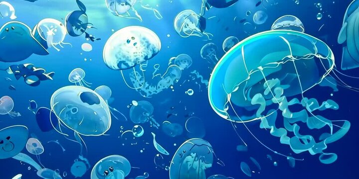 Playful cartoon jellyfish with fish friends in the sea, bold outlines, simple design, no shading, 4K Video