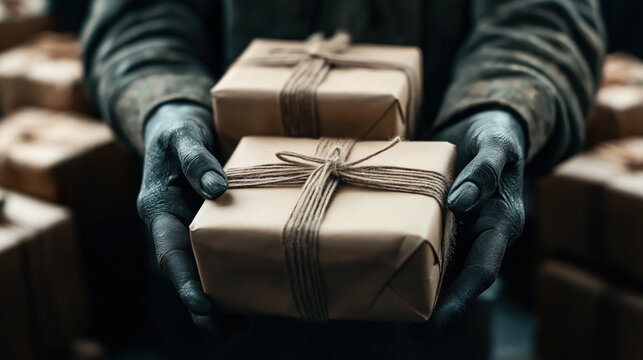 Close-up of gloved hands holding small brown paper packages tied with string, surrounded by similar wrapped items in a dim setting.
