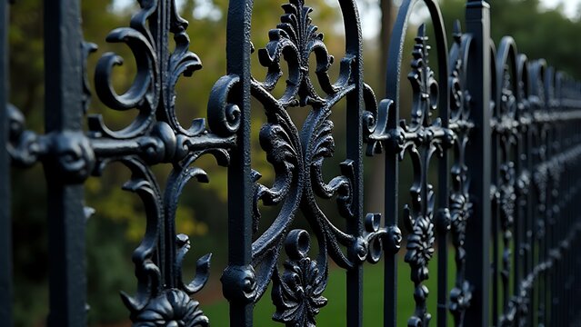 The fence features an intricate wrought iron texture with ornate patterns and detailed metalwork throughout its entire structure.