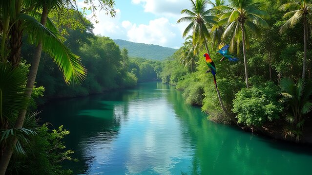 The Orinoco River winds through a dense tropical forest where colorful birds fly overhead in a vibrant Hispanic culture celebration.