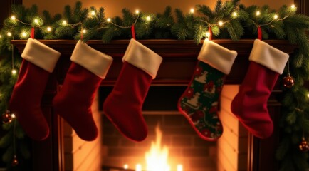A cozy holiday scene with stockings hanging on a fireplace mantle, surrounded by festive decorations