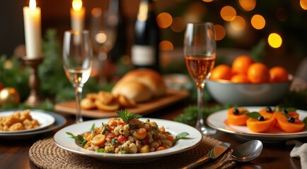 A festive holiday dinner table setup featuring vibrant orange salads, a quinoa dish, and sparkling wine glasses, adorned with seasonal decorations and warm candlelight