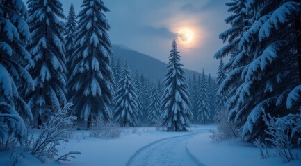 Fototapeta premium Snow-covered landscape with tall pines and a glowing full moon on a serene winter night