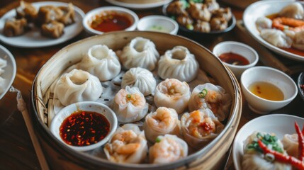 A mouthwatering platter of assorted dim sum, including dumplings