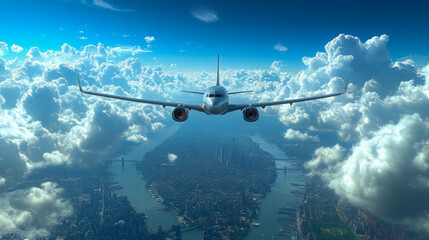 A sleek airplane soaring above a cityscape surrounded by vibrant clouds under a clear blue sky