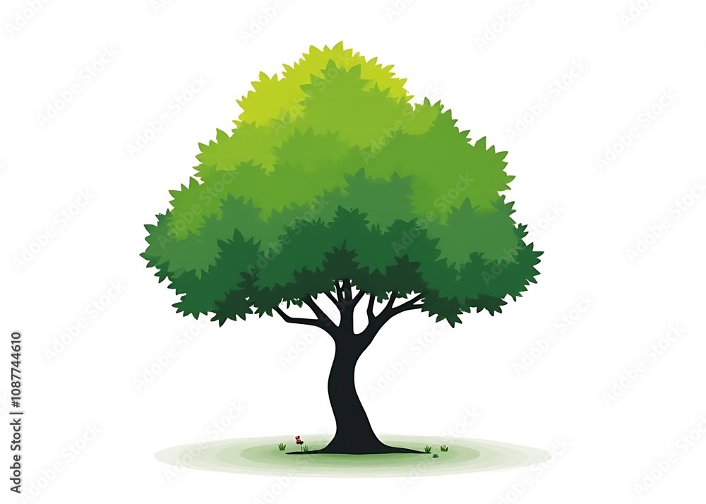 Poster Vector illustration of a green tree with black simple silhouettes in an architecture and landscape design context against a white background.