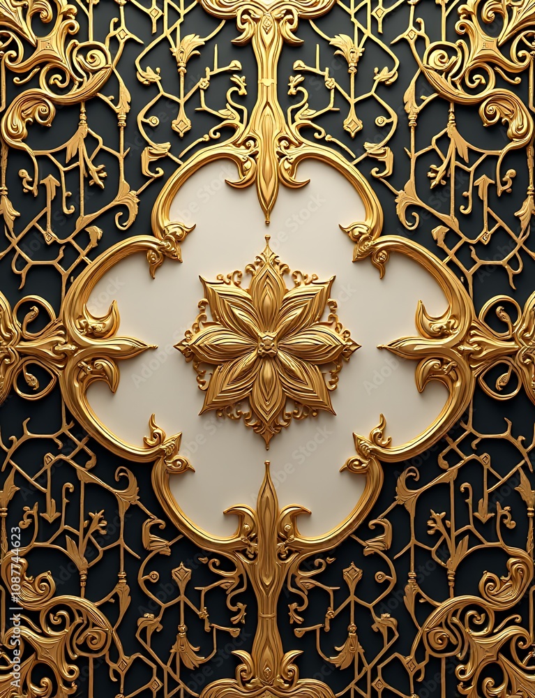 Poster uxurious gold arabesque vignette pattern with intricate beige and dark geometric background for mode