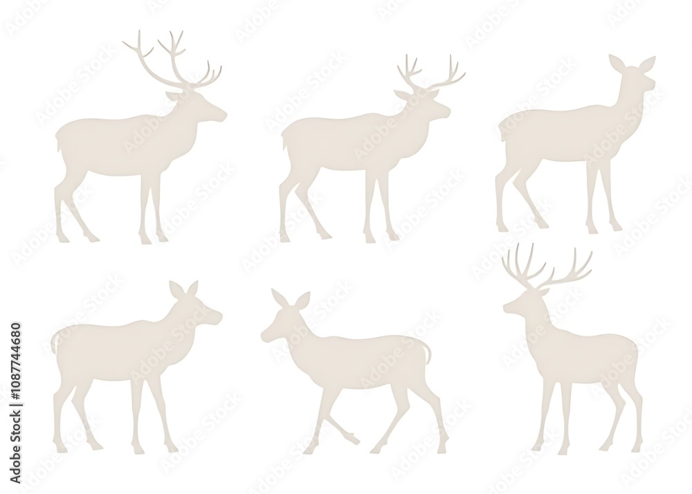Poster Vector set featuring elk and deer silhouettes in a muted color palette, isolated on a white background for various uses.