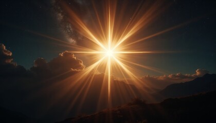 Epiphany star shining brightly in the night sky over mountains and clouds