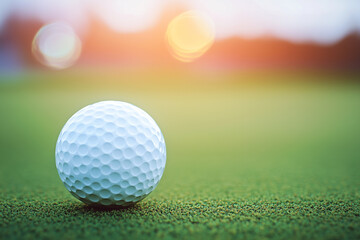 White Golf Ball on Fresh Green Grass in a Bright Evening Light, Capturing Tranquility and Sporty Vibes in an Outdoor Field Environment