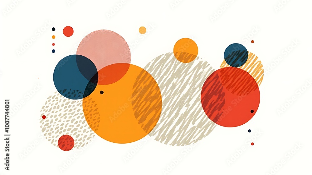 Poster vibrant abstract designs featuring colorful rounded shapes with textured lines and a retro swiss geo