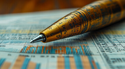 Close-up of a luxury pen on financial charts, highlighting data graphs, numbers, and professional tools