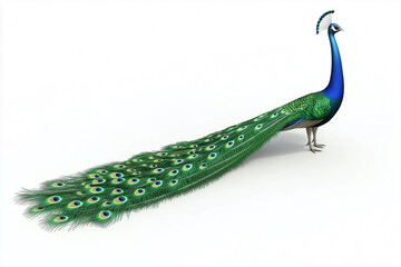Fototapeta premium Stunning Peacock Displaying Vibrant Feathers with Rich Green and Blue Colors Against a Plain White Background for Elegant Nature Imagery and Artistic Projects