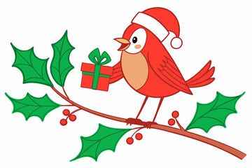 Funny Christmas Star Finch Clipart in White Whimsical Holiday Illustration
