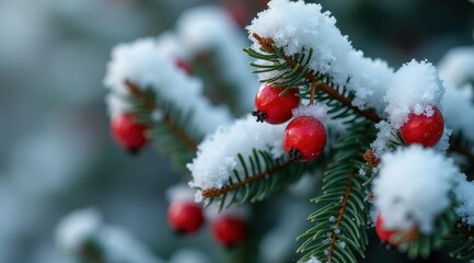 Snow-covered pine branches adorned with red berries in a tranquil winter forest