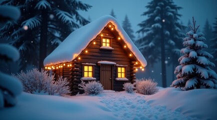 A cozy log cabin decorated with warm lights, surrounded by snow and evergreen trees in a magical winter scene