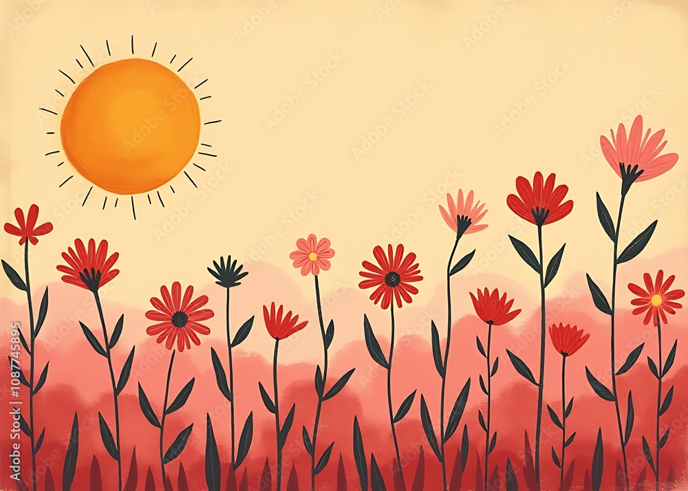 Poster vintage background features a sun and flowers set against a pink yellow red color palette with doodl