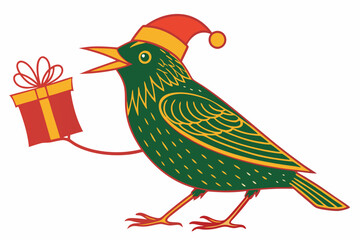 Funny Christmas Star Finch Clipart in White Whimsical Holiday Illustration