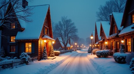 Fototapeta premium A picturesque village street adorned with glowing holiday lights and snow-covered rooftops, creating a festive atmosphere