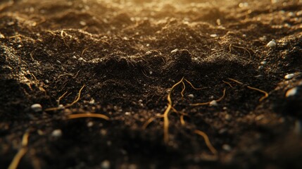 Close-up of rich, textured soil with scattered pebbles and roots visible.