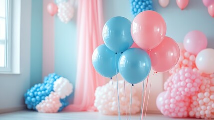 Colorful balloons and decorations in shades of pink and blue, creating festive atmosphere for gender reveal party.
