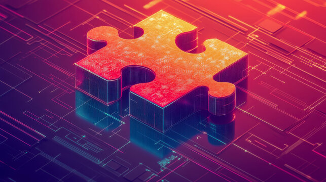 Abstract puzzle piece in futuristic digital landscape with vibrant, luminous colors