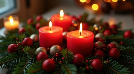 Red Christmas candles surrounded by festive greenery and berries for a warm holiday feel