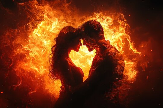 Passionate couple embraced in fiery love with dark background