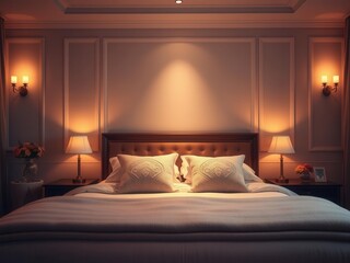 A cozy bedroom illuminated by warm lighting, featuring a plush bed with fluffy pillows and a soft blanket, soft lighting, bed, peaceful
